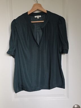 nine britton Short-Sleeve Split-Neck Blouse in Deep Teal